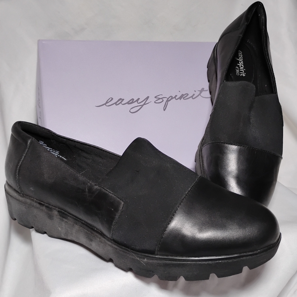 Black Leather Slip On Shoes Easy Spirit e360 ESCREEN 10 Wide